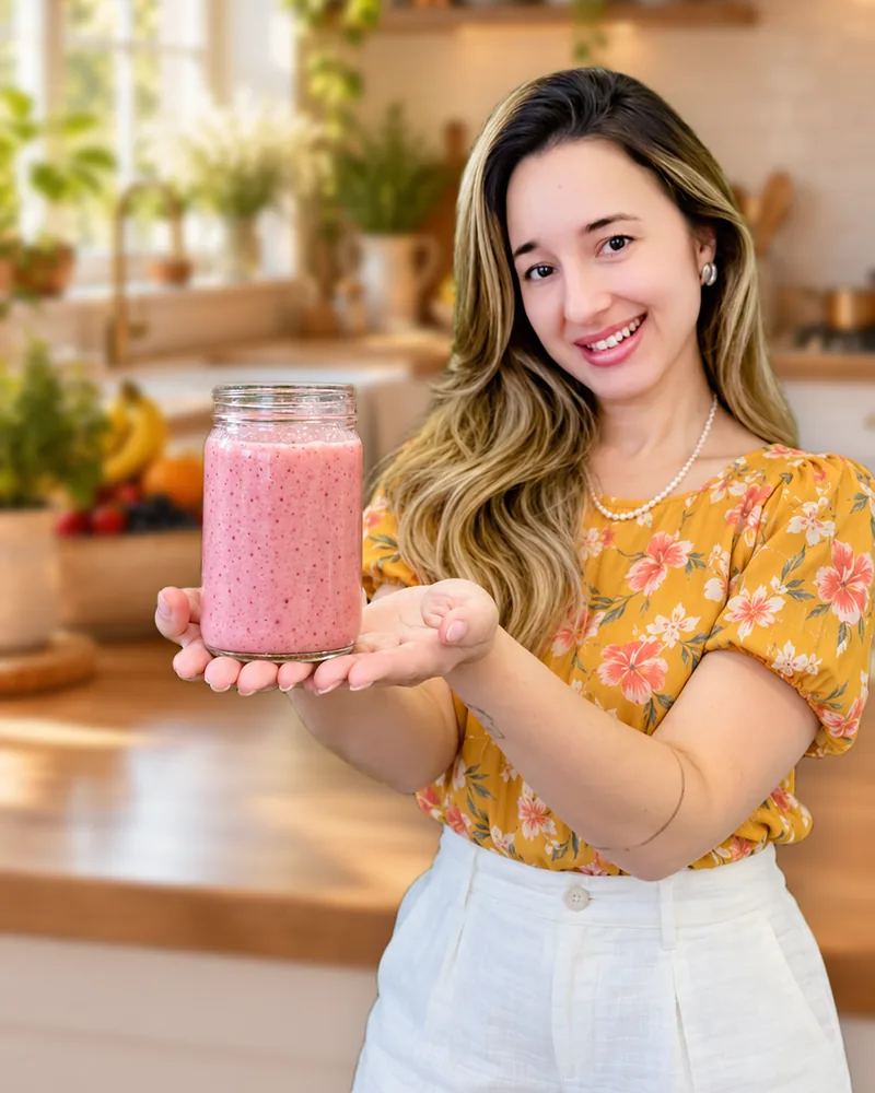 Andressa Veluma sorrindo com um pote de vitamina de frutas