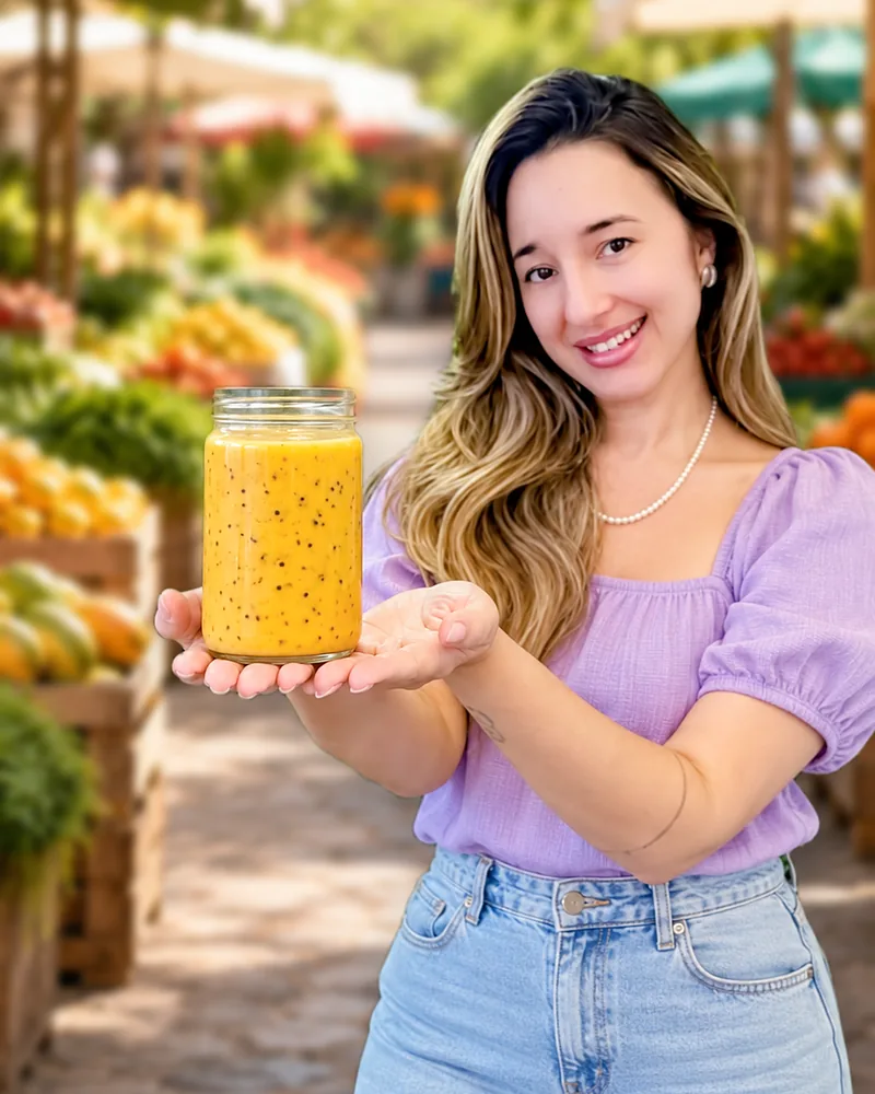 Andressa Veluma, nutricionista, sorrindo com um pote de suco natural